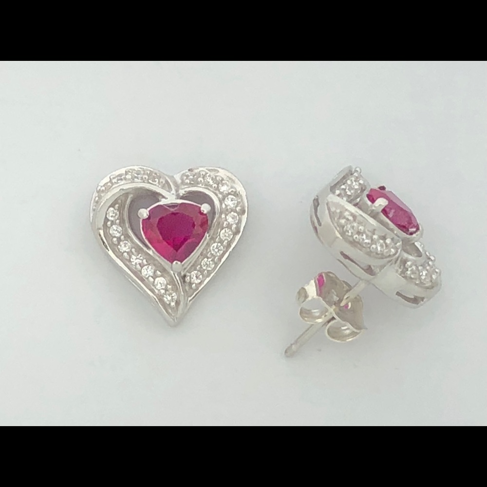 Created Ruby With White Topaz Heart Earrings - image 1